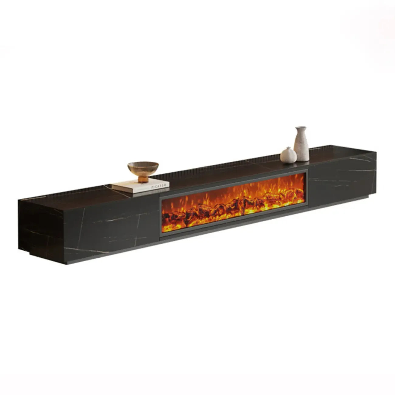 94.5 White Rectangle Stone TV Stand with Fireplace & Light