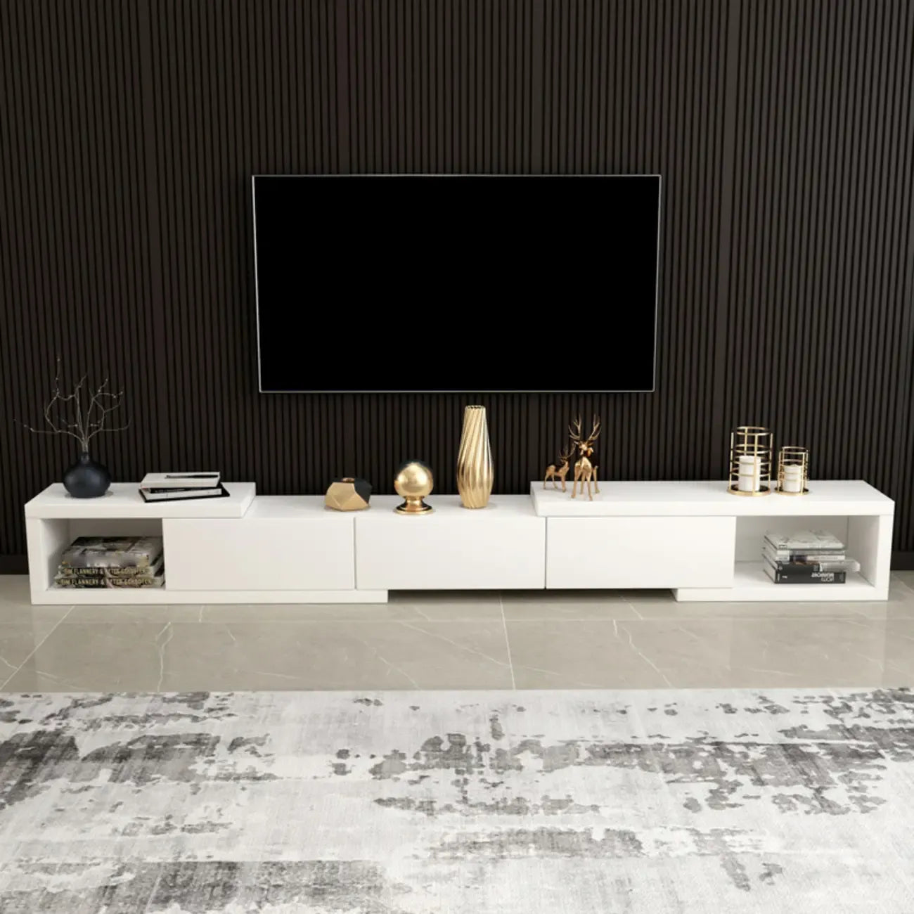 102 White Long Wooden Open Storage TV Stand with Drawers