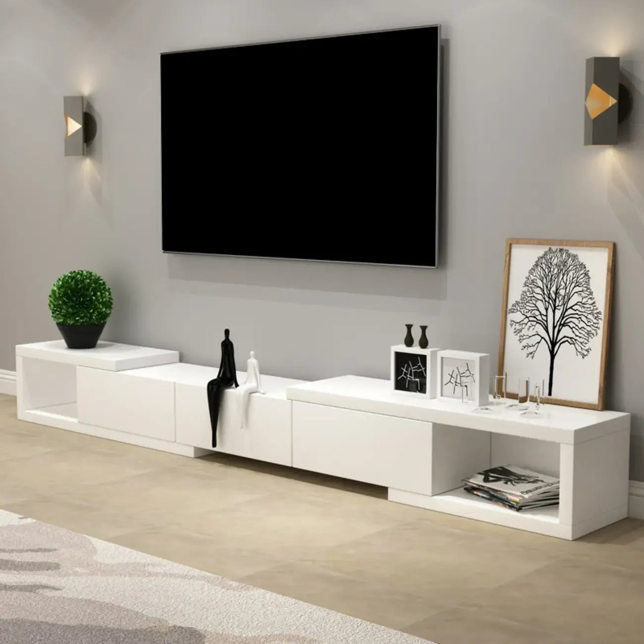 102 White Long Wooden Open Storage TV Stand with Drawers