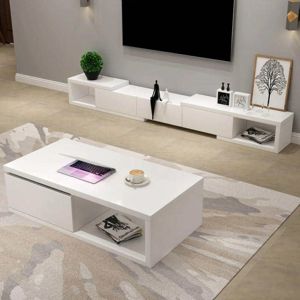 102 White Long Wooden Open Storage TV Stand with Drawers