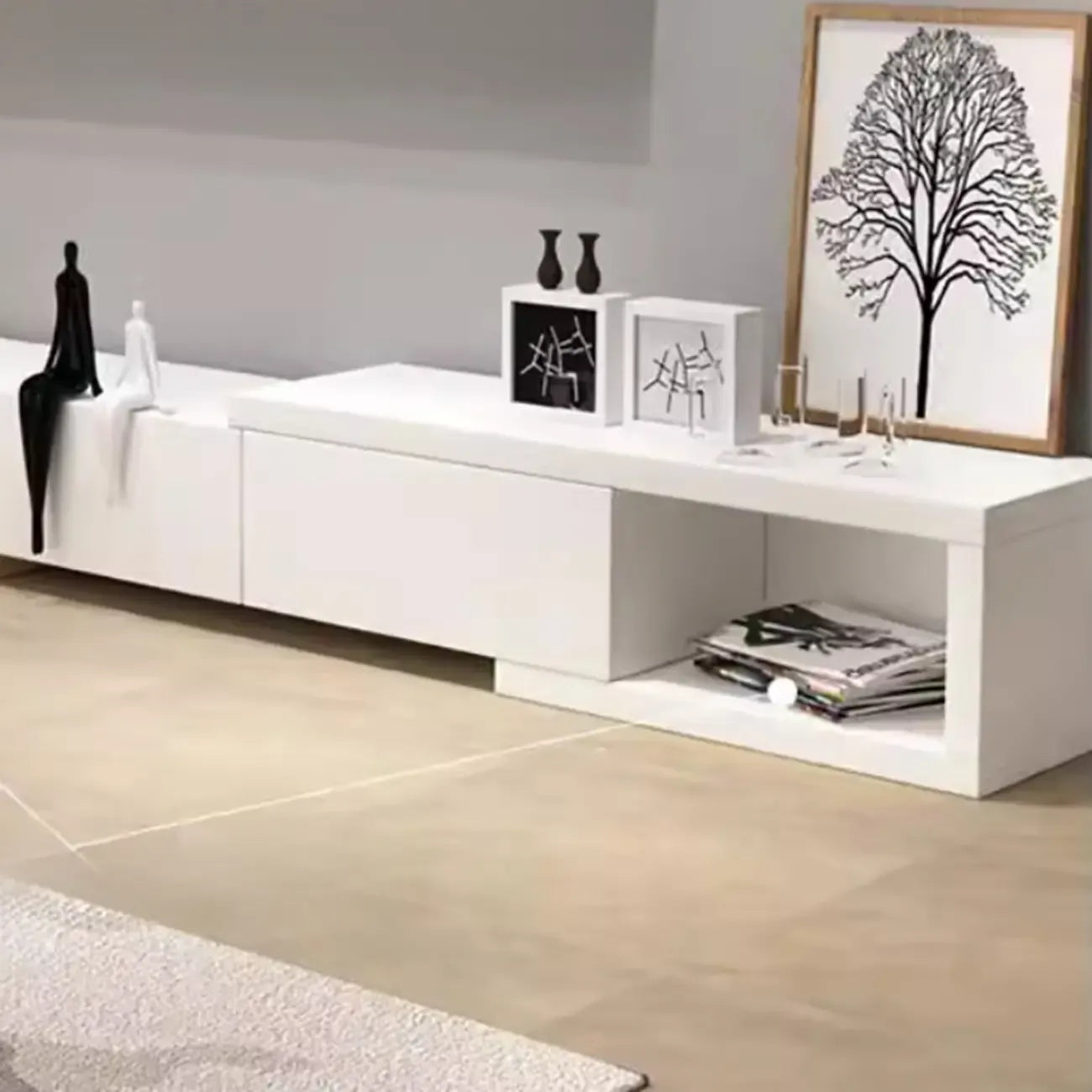 102 White Long Wooden Open Storage TV Stand with Drawers