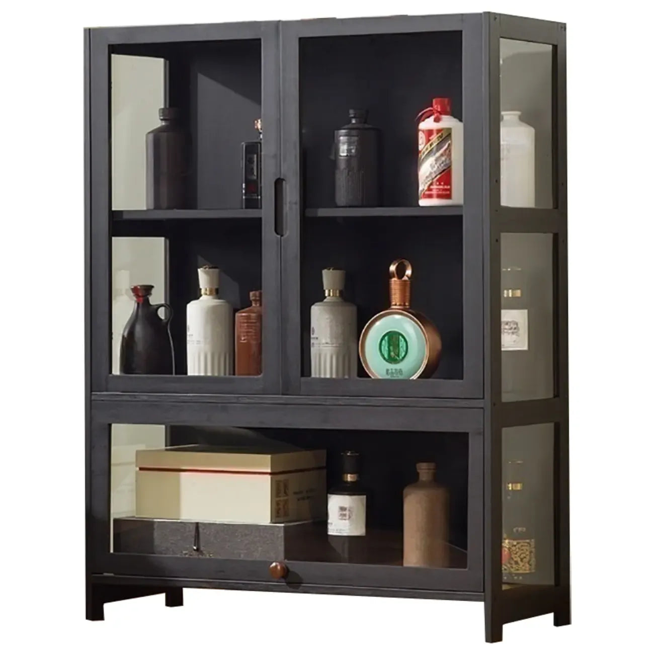 Contemporary 5 Shelves Bamboo Glass Black Curio Cabinet
