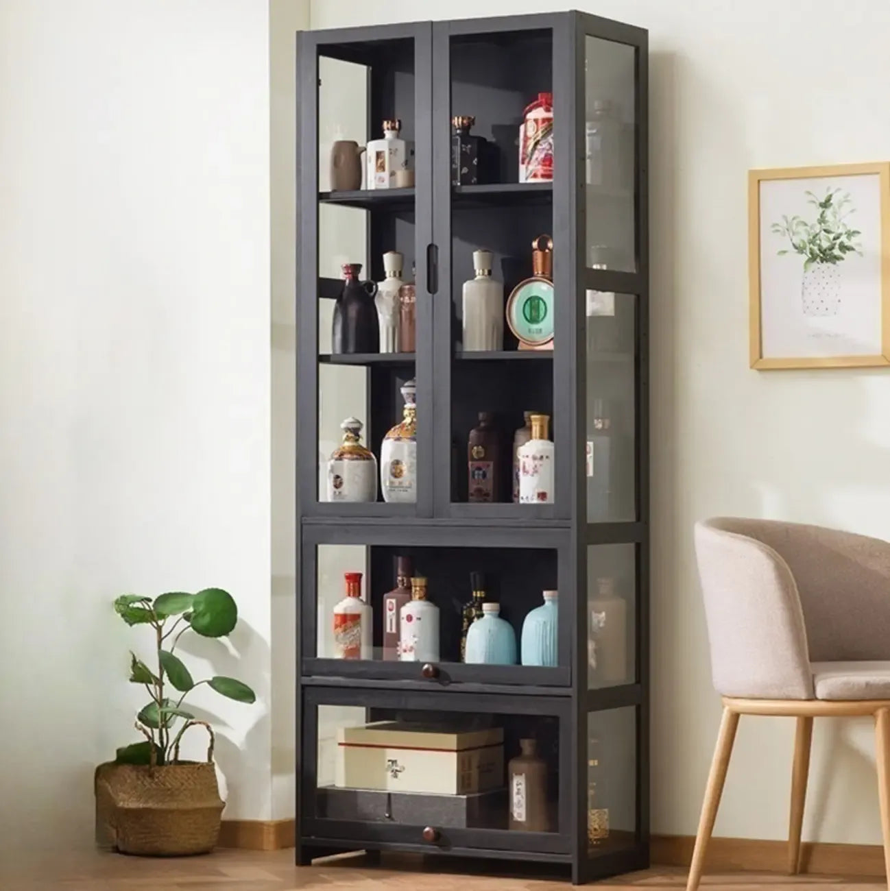 Contemporary 5 Shelves Bamboo Glass Black Curio Cabinet