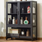 Contemporary 5 Shelves Bamboo Glass Black Curio Cabinet