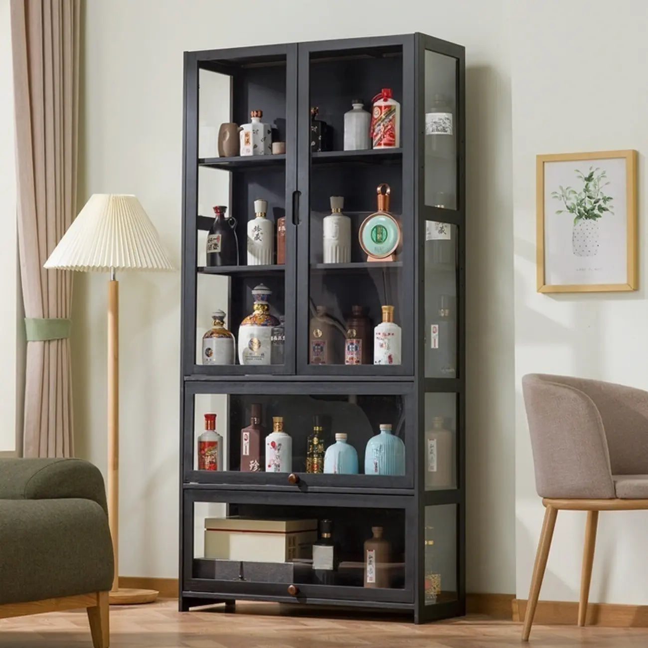 Contemporary 5 Shelves Bamboo Glass Black Curio Cabinet
