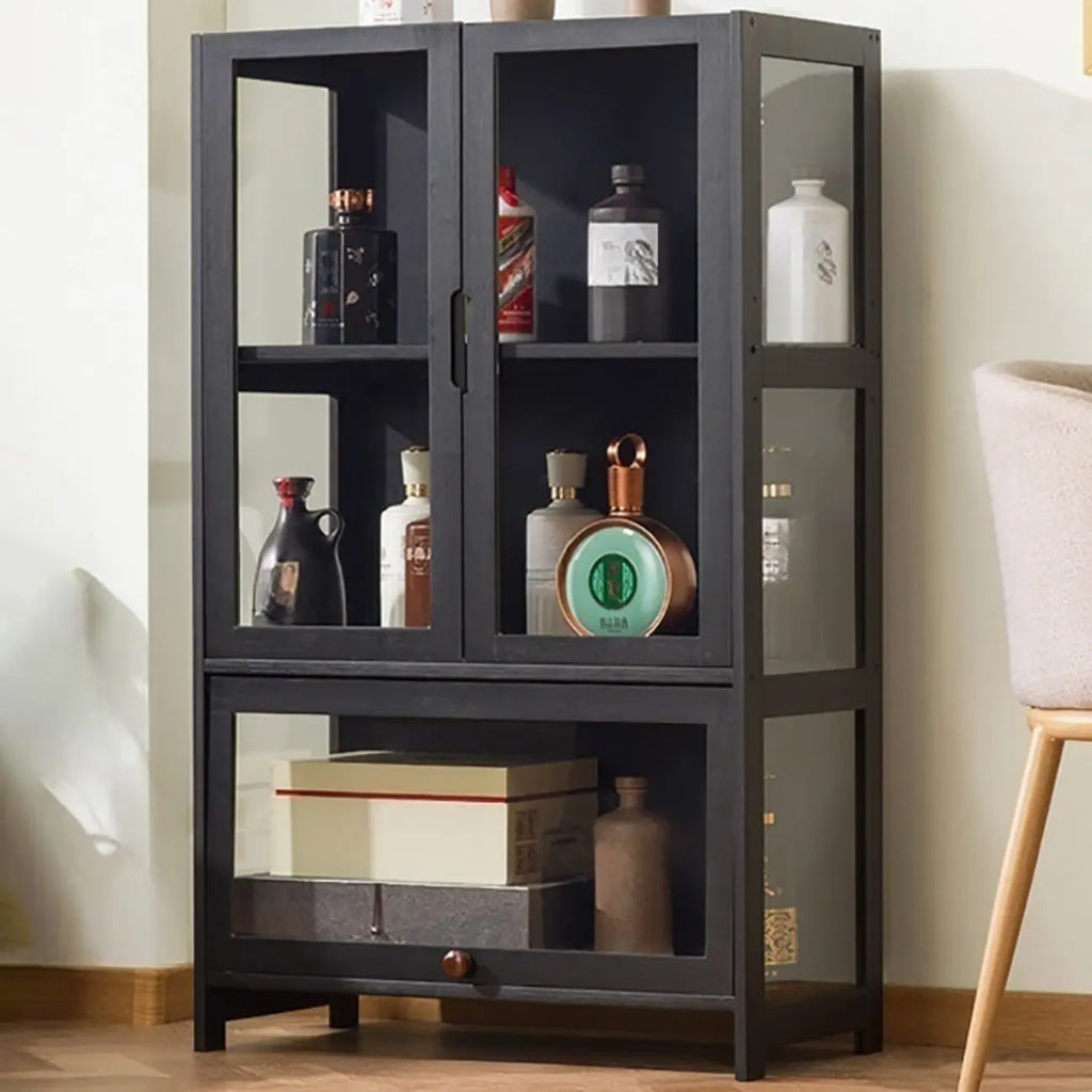 Contemporary 5 Shelves Bamboo Glass Black Curio Cabinet