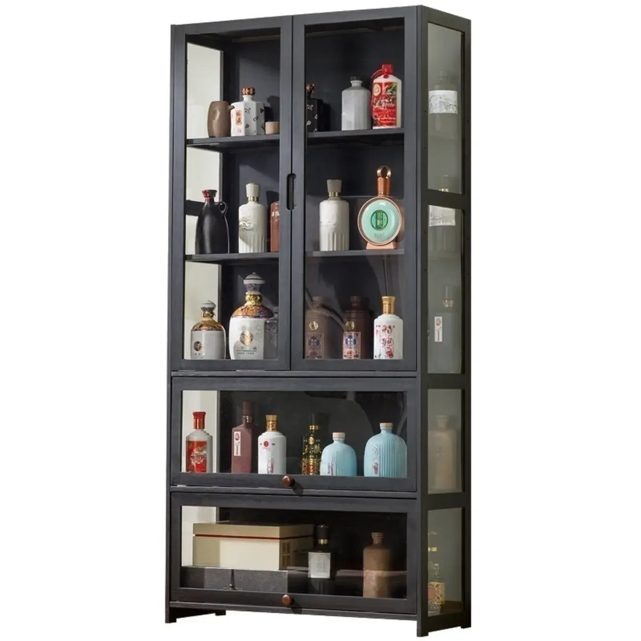 Contemporary 5 Shelves Bamboo Glass Black Curio Cabinet