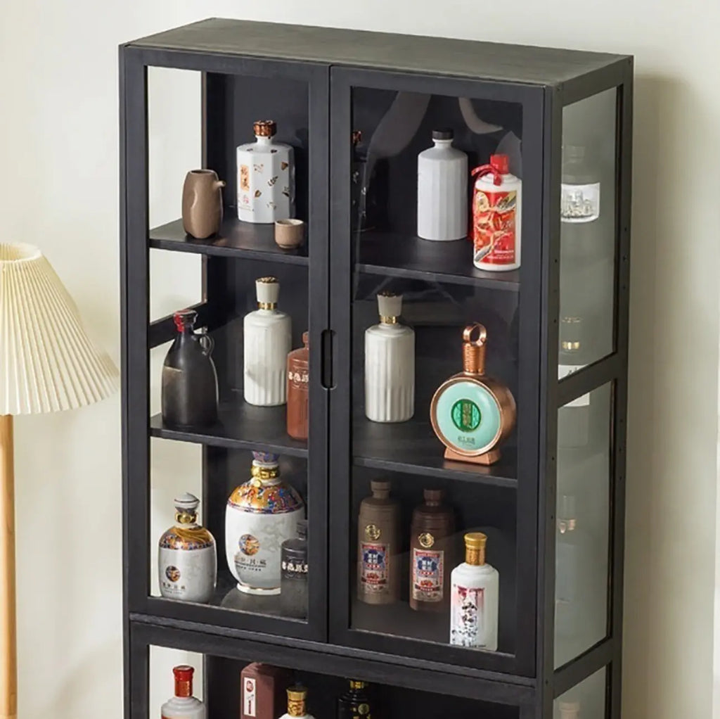Contemporary 5 Shelves Bamboo Glass Black Curio Cabinet