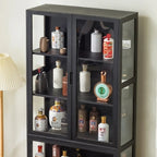 Contemporary 5 Shelves Bamboo Glass Black Curio Cabinet