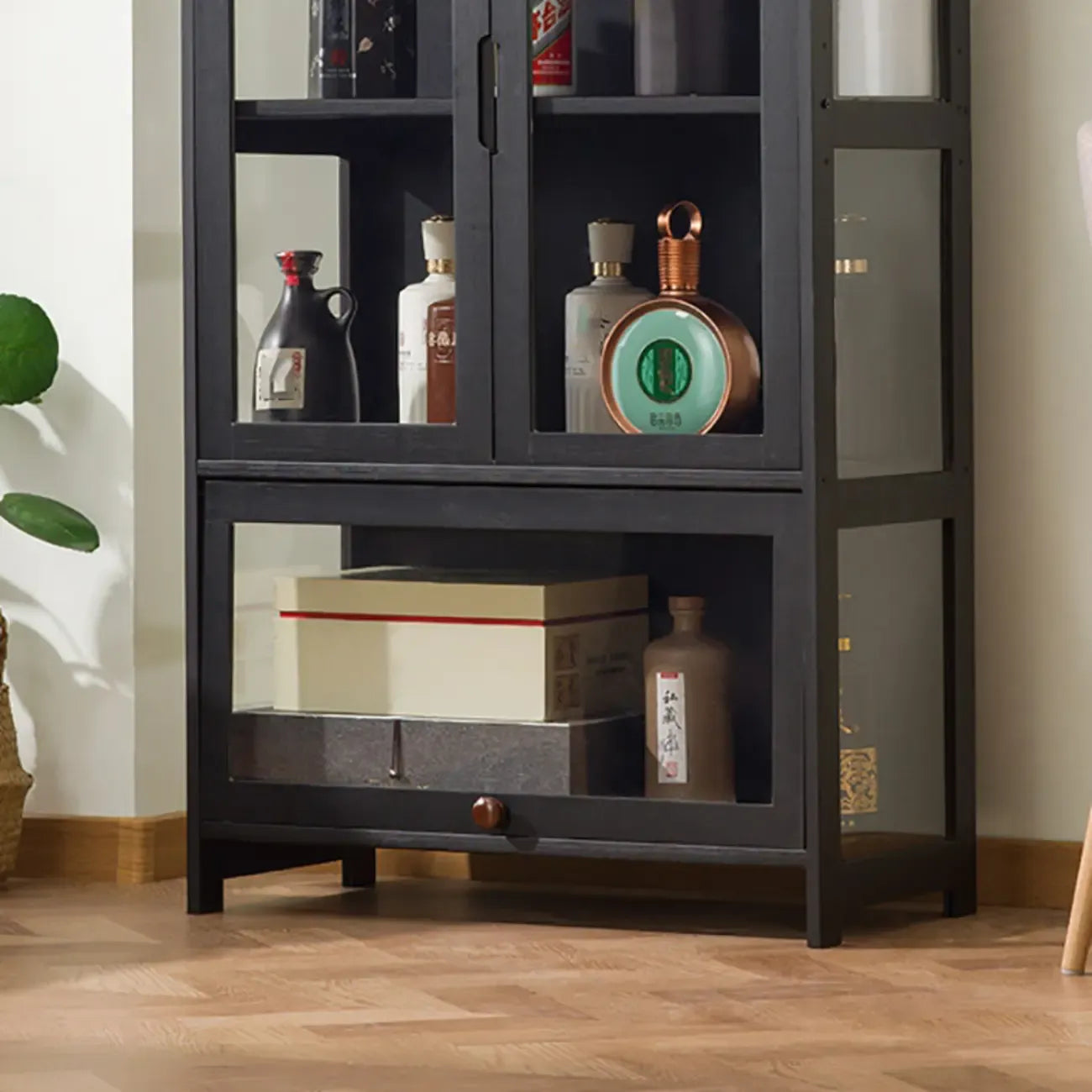 Contemporary 5 Shelves Bamboo Glass Black Curio Cabinet