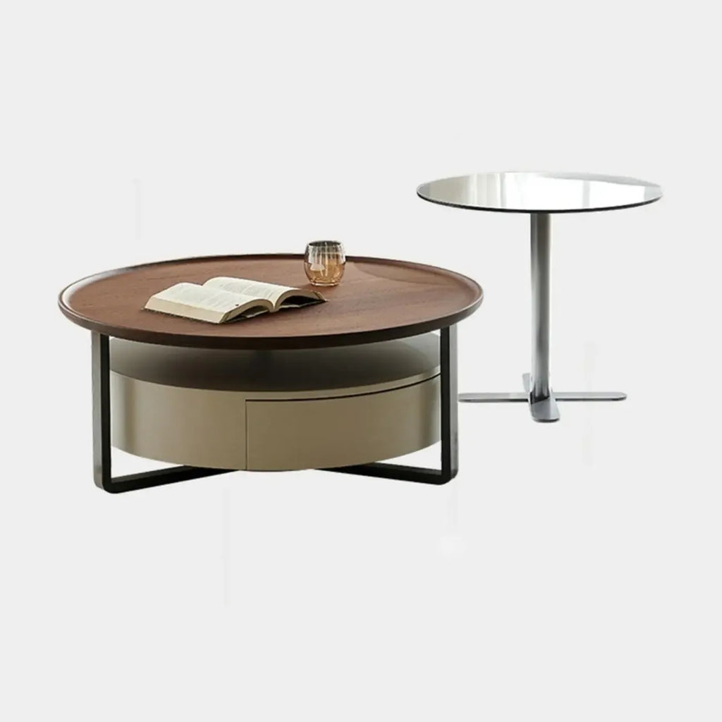 Modern Round Wooden Top Coffee Table with Drawer