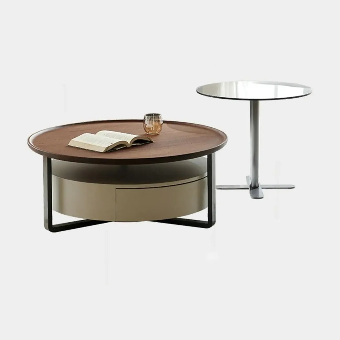 Modern Round Wooden Top Coffee Table with Drawer