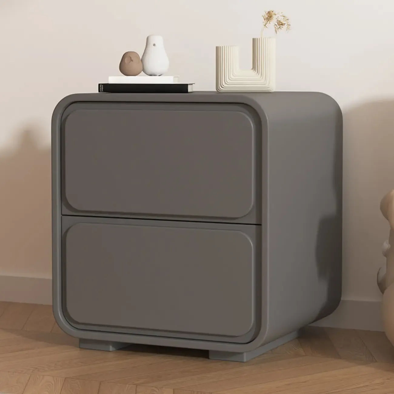 Modern Bedside Table with 2 Drawers - Beige Nightstand
