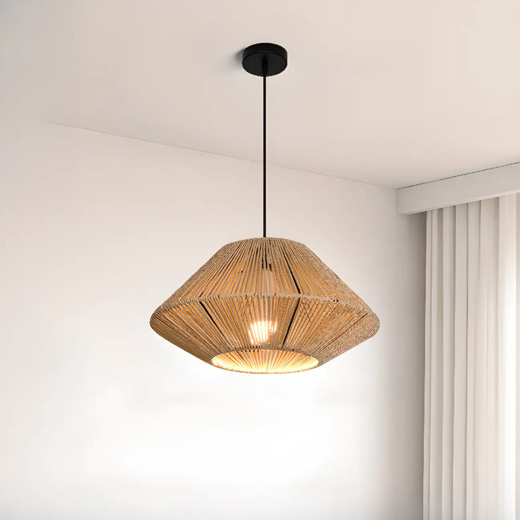 Adjustable Oriental Rattan & Metal Beige Pendant Light