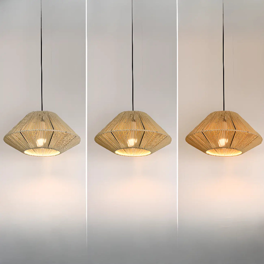 Adjustable Oriental Rattan & Metal Beige Pendant Light