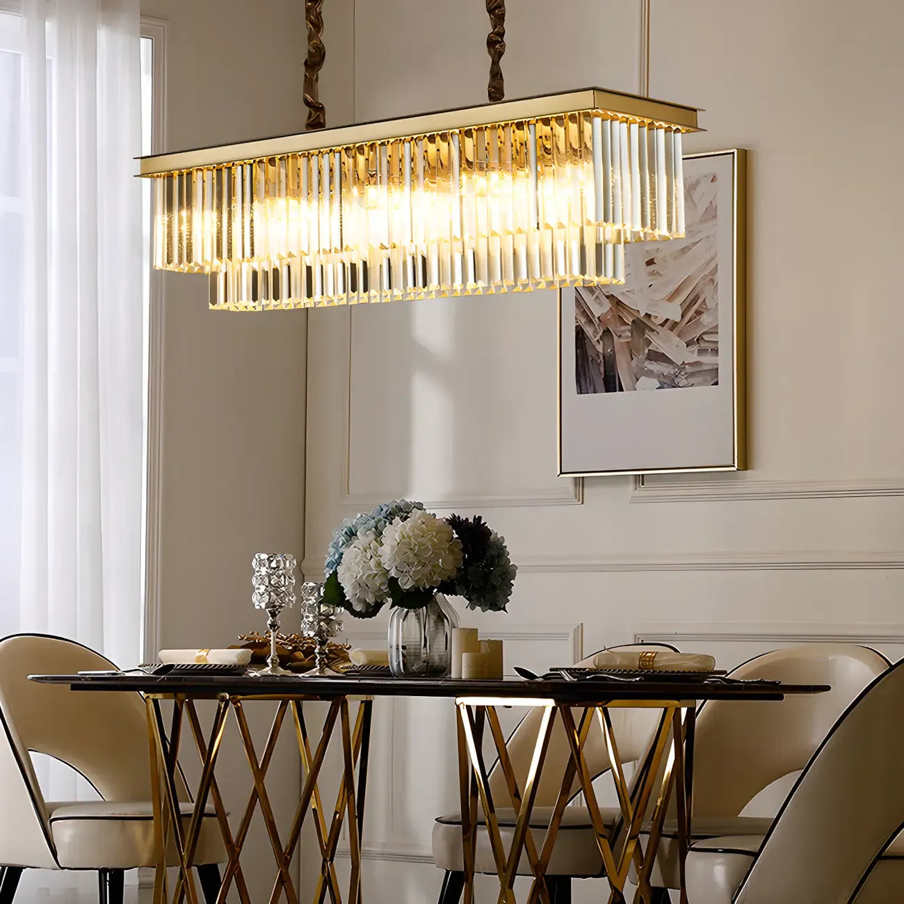 Modern Rectangle Adjustable Crystal Island Pendant Light for Kitchen