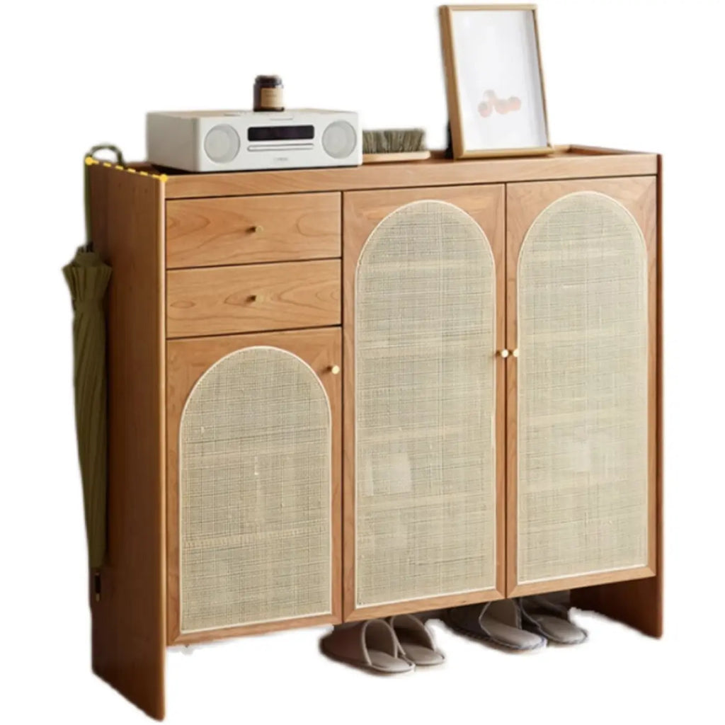Bohemian Wood Arched Rattan Shoe Cabinet for Hallway