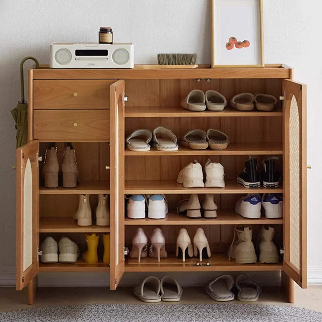 Bohemian Wood Arched Rattan Shoe Cabinet for Hallway