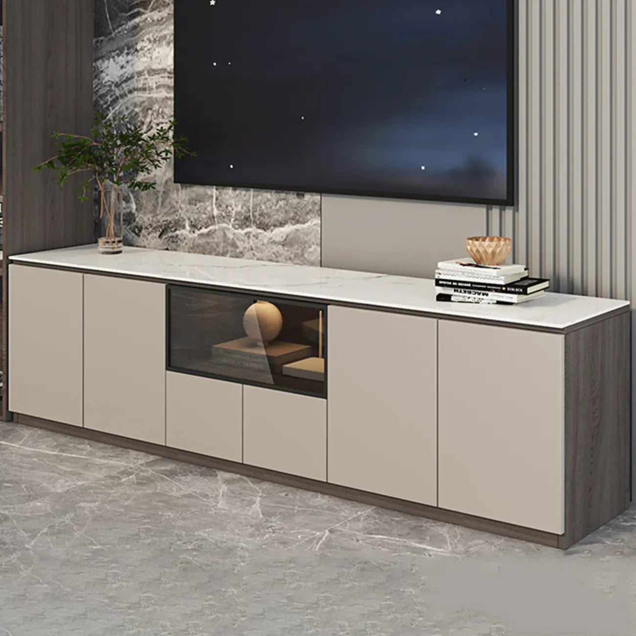 94 Dark Gray Stone Long Cabinet TV Stand with LED Lights
