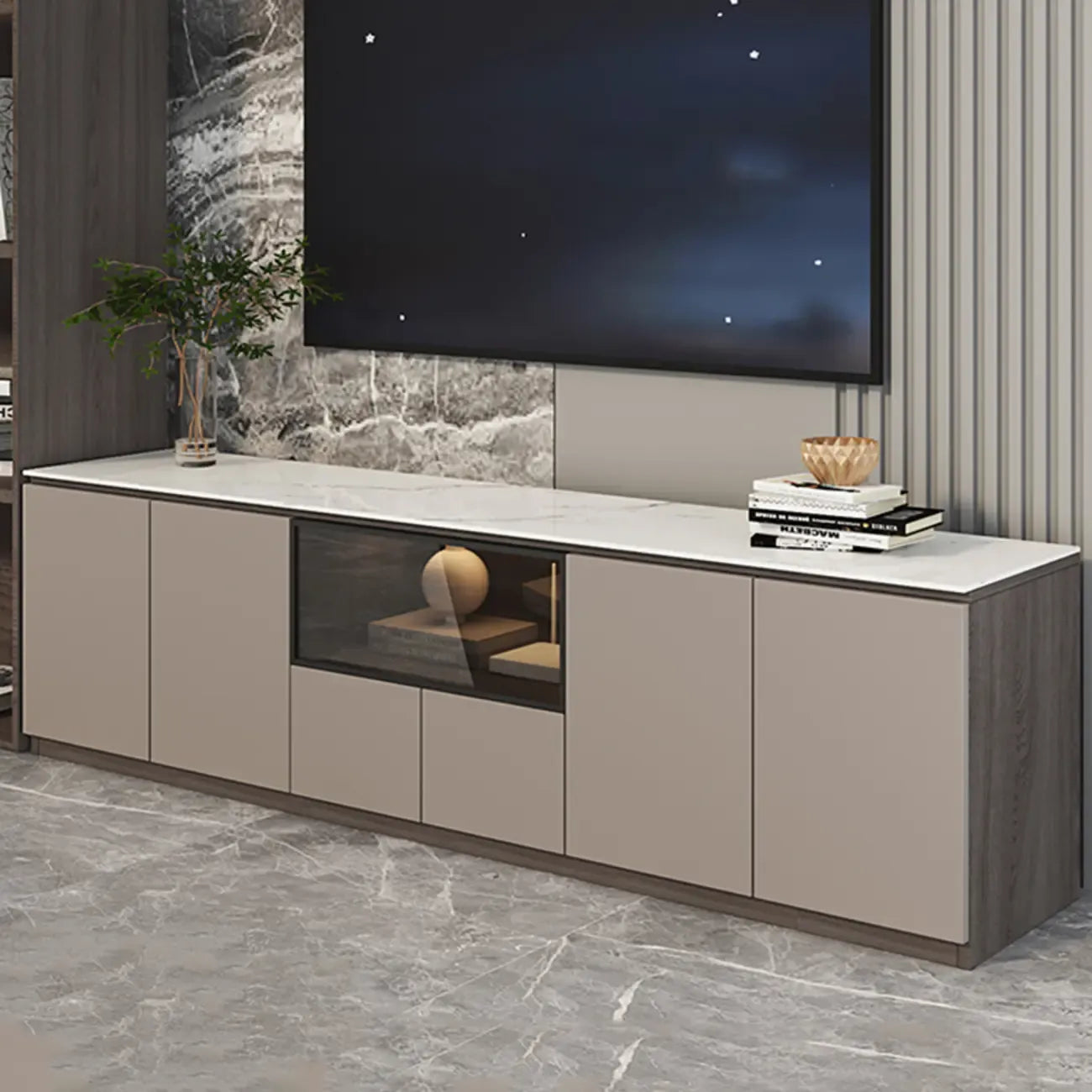 94 Dark Gray Stone Long Cabinet TV Stand with LED Lights
