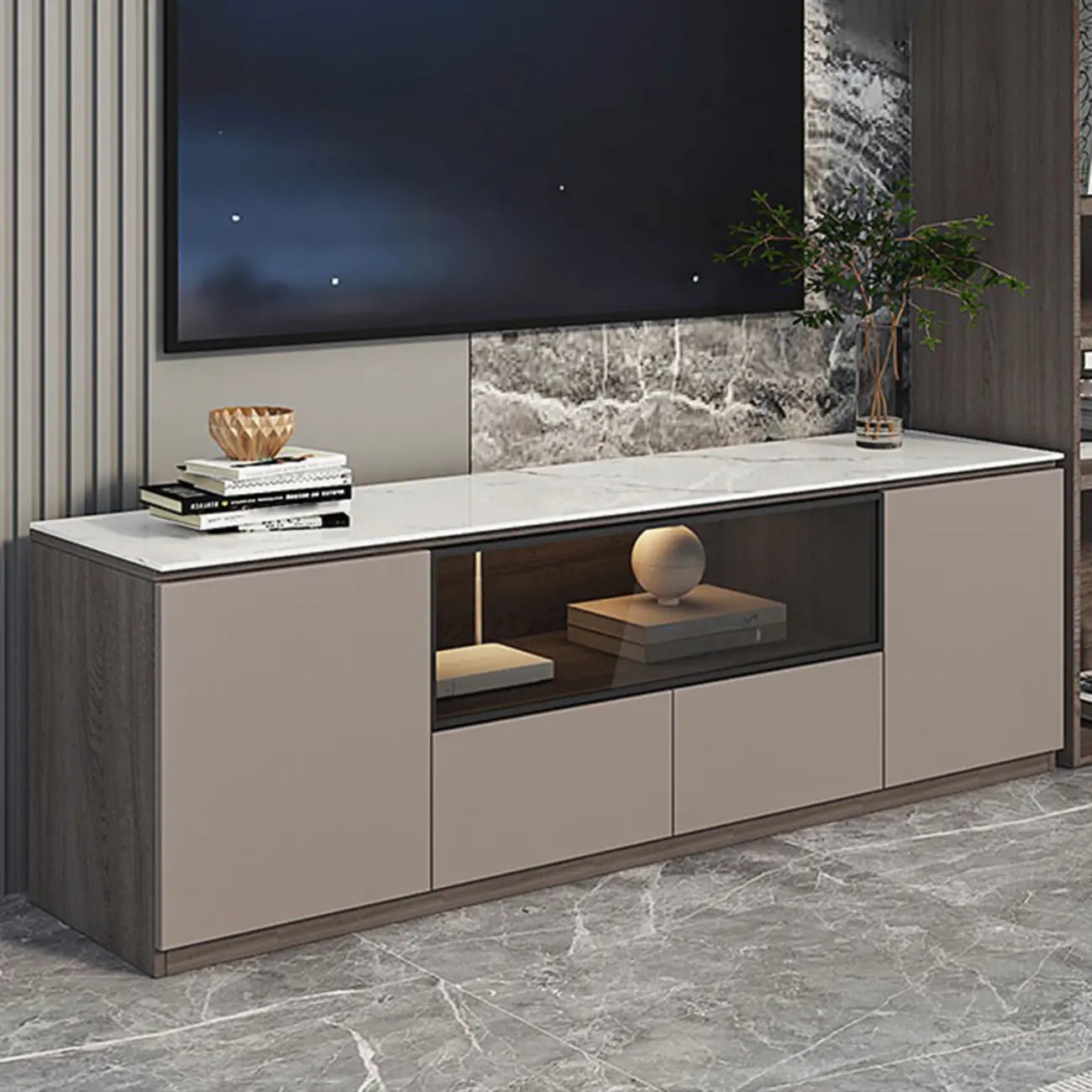94 Dark Gray Stone Long Cabinet TV Stand with LED Lights
