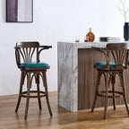 Antique Blue Leather Upholstered Rotatable Bar Stool