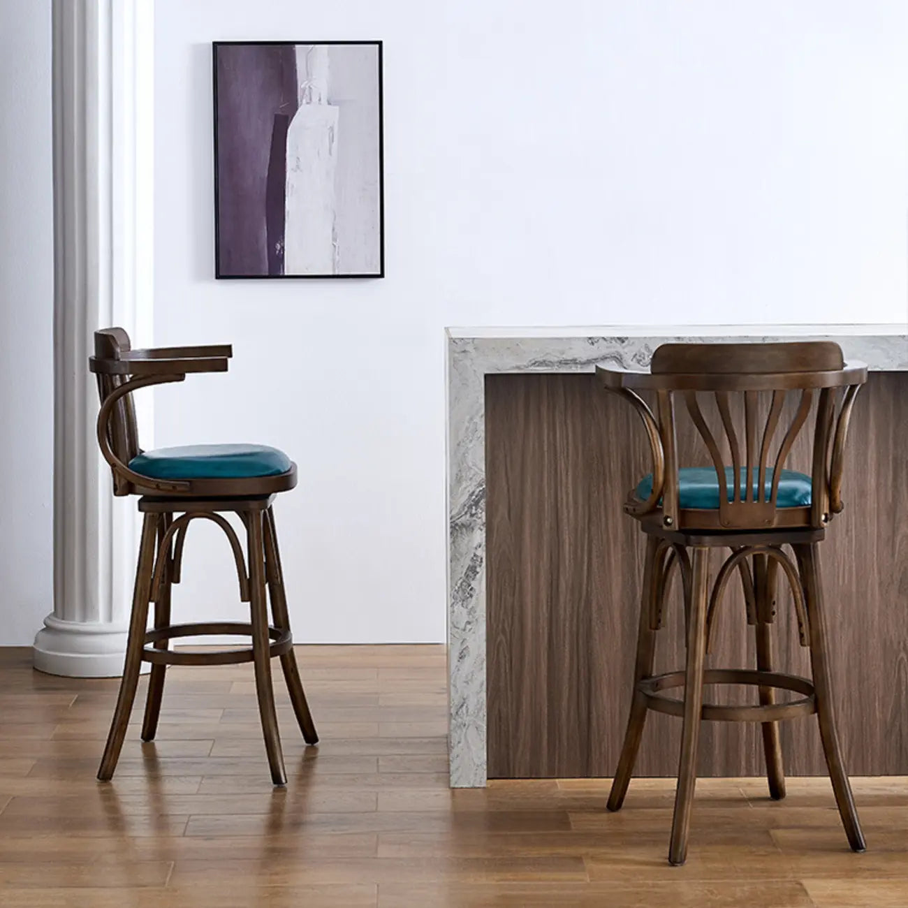 Antique Blue Leather Upholstered Rotatable Bar Stool