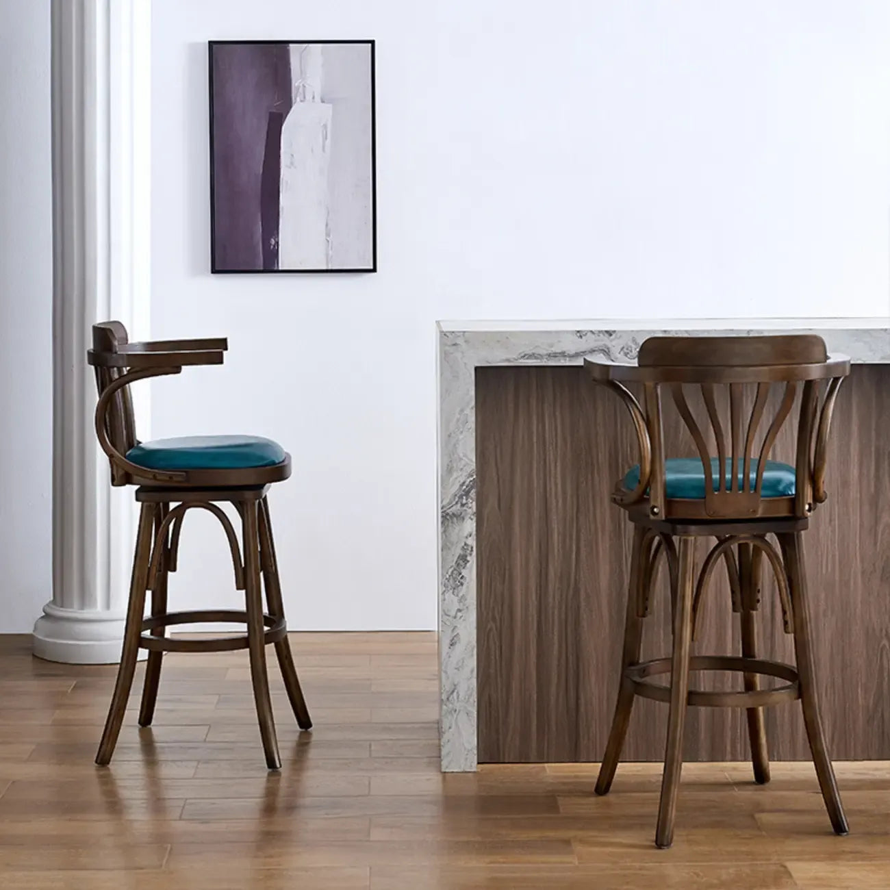 Antique Blue Leather Upholstered Rotatable Bar Stool