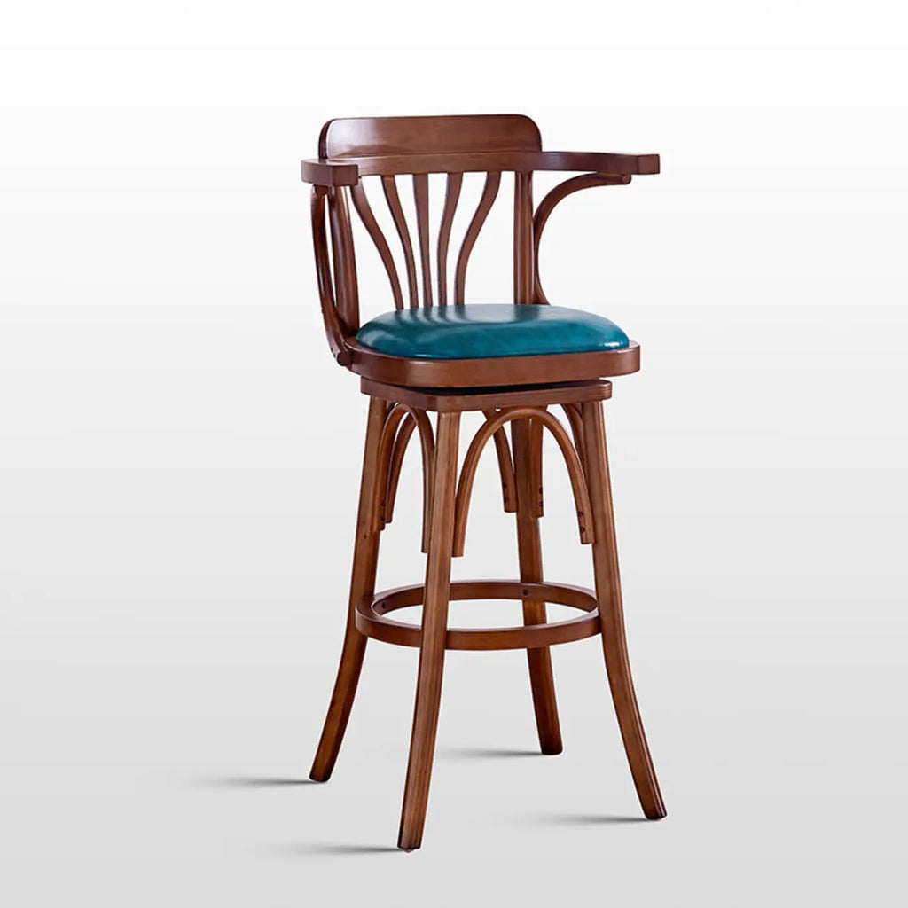 Antique Blue Leather Upholstered Rotatable Bar Stool