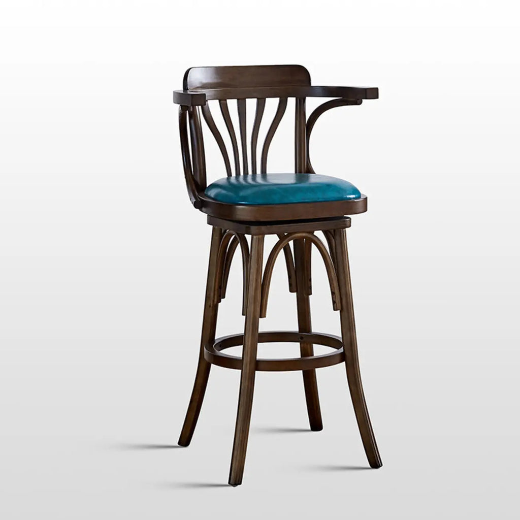 Antique Blue Leather Upholstered Rotatable Bar Stool