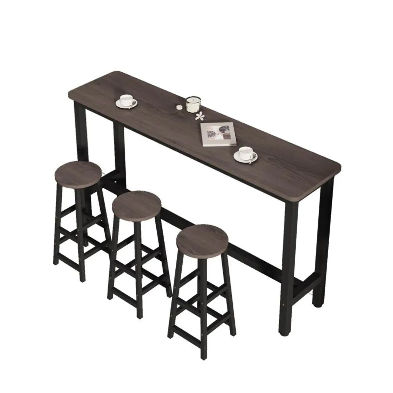 Simple Metal Leg Wooden Fixed Top Bar Table in Brown for Pub