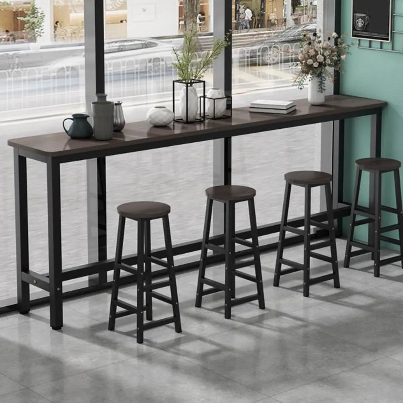 Simple Metal Leg Wooden Fixed Top Bar Table in Brown for Pub