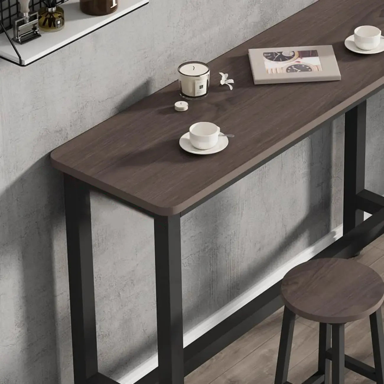 Simple Metal Leg Wooden Fixed Top Bar Table in Brown for Pub