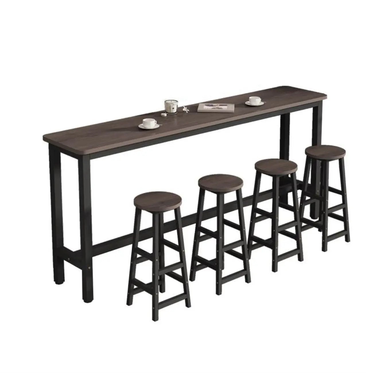Simple Metal Leg Wooden Fixed Top Bar Table in Brown for Pub