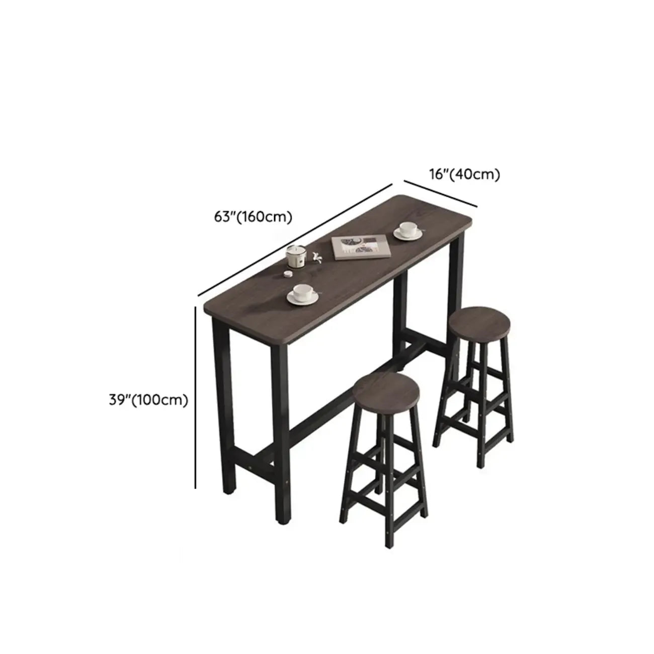 Simple Metal Leg Wooden Fixed Top Bar Table in Brown for Pub