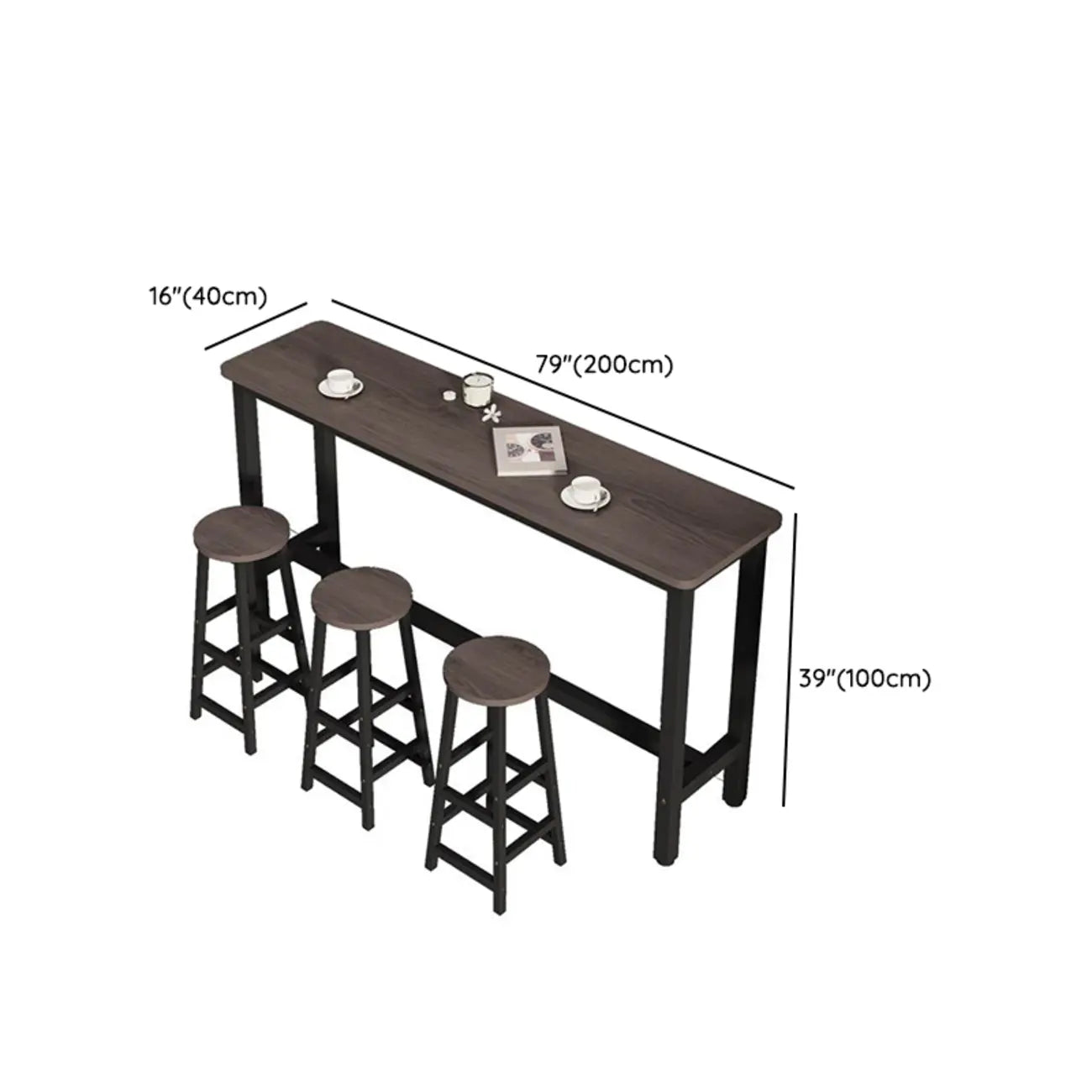 Simple Metal Leg Wooden Fixed Top Bar Table in Brown for Pub