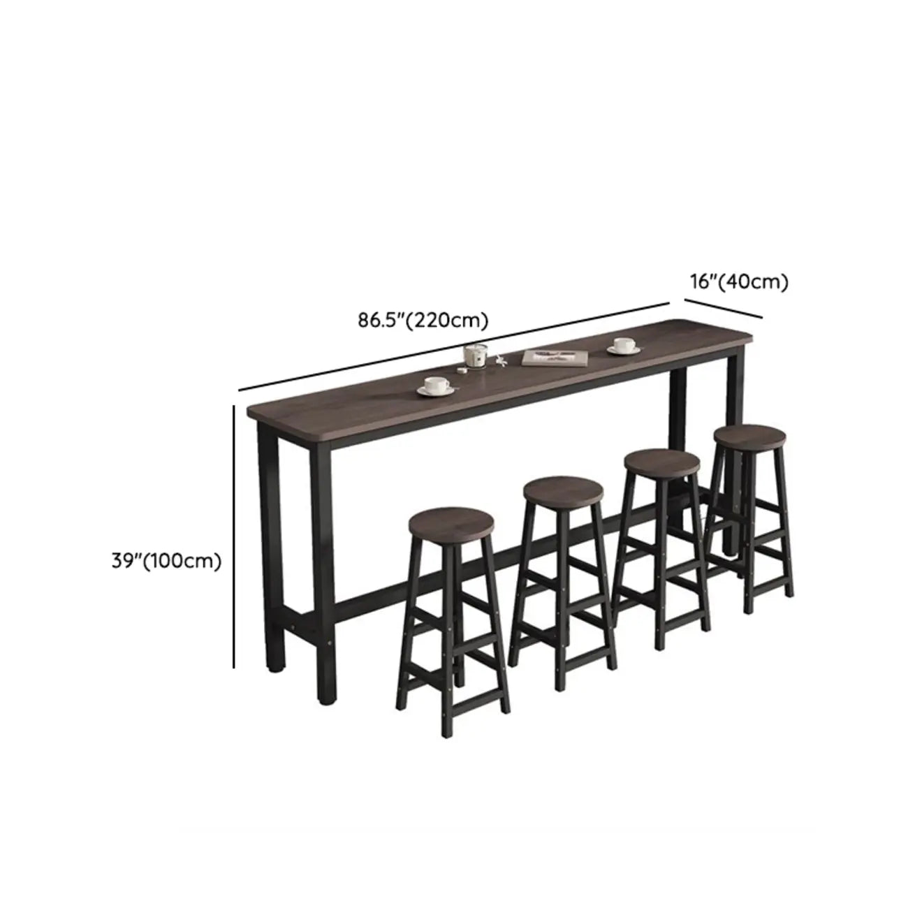 Simple Metal Leg Wooden Fixed Top Bar Table in Brown for Pub