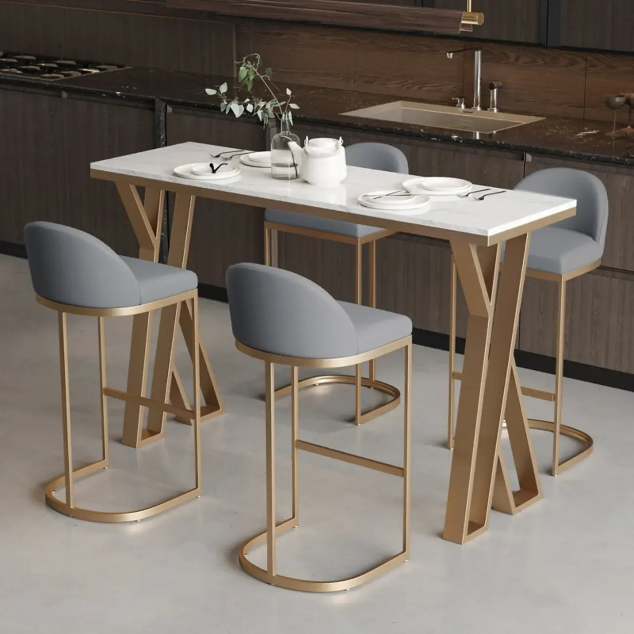 Glam Gold Metal Bar Tables with Faux Marble Top