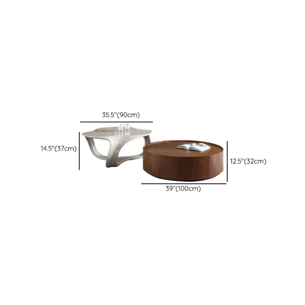 Round Wooden and Abstract Metal Coffee Table with Drawer