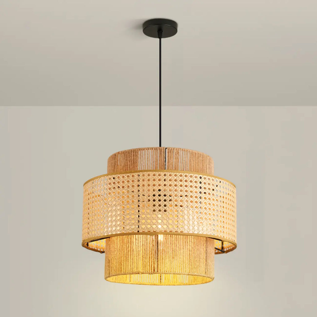 Contemporary Rattan Yellow Cylinder Hanging Pendant Lighting