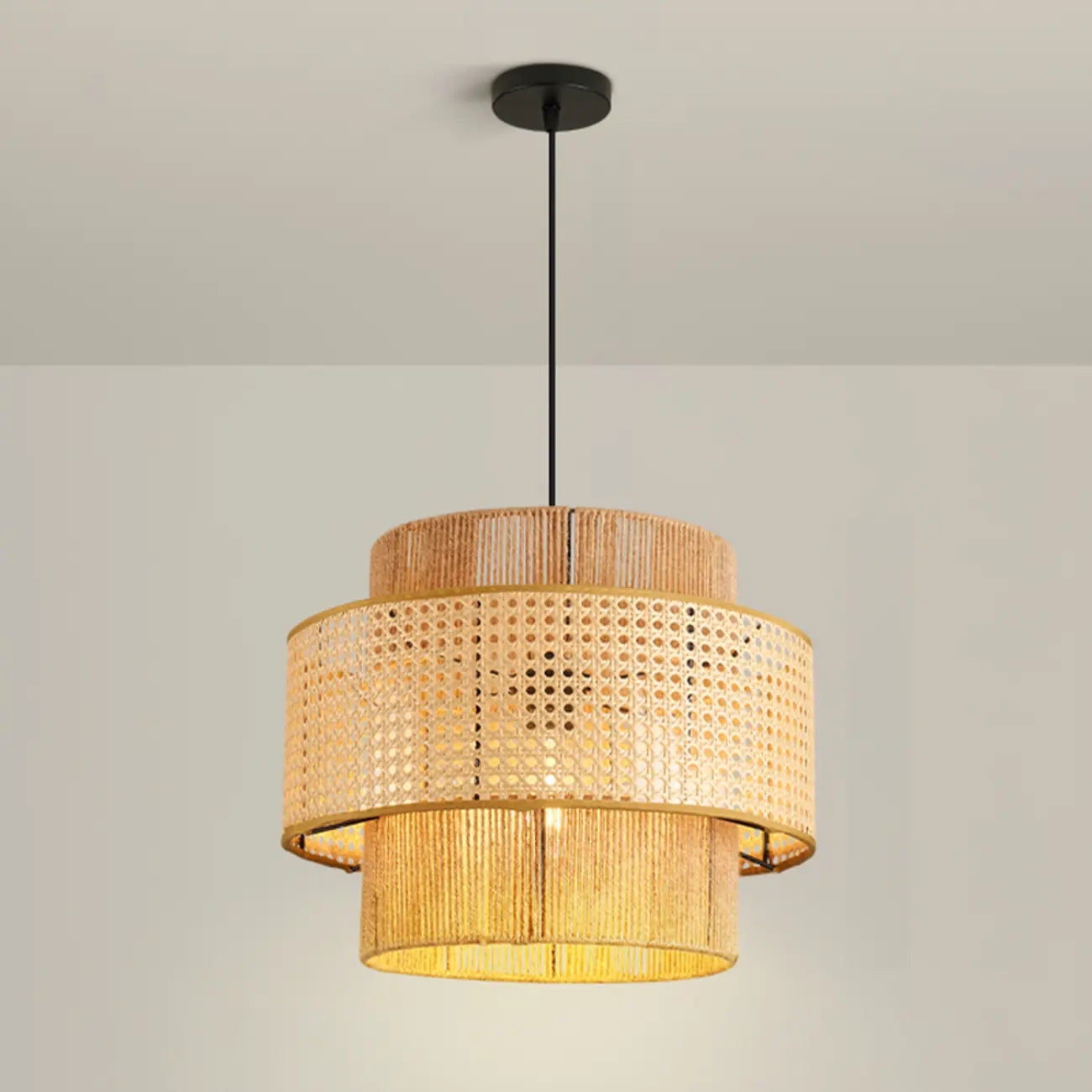 Contemporary Rattan Yellow Cylinder Hanging Pendant Lighting
