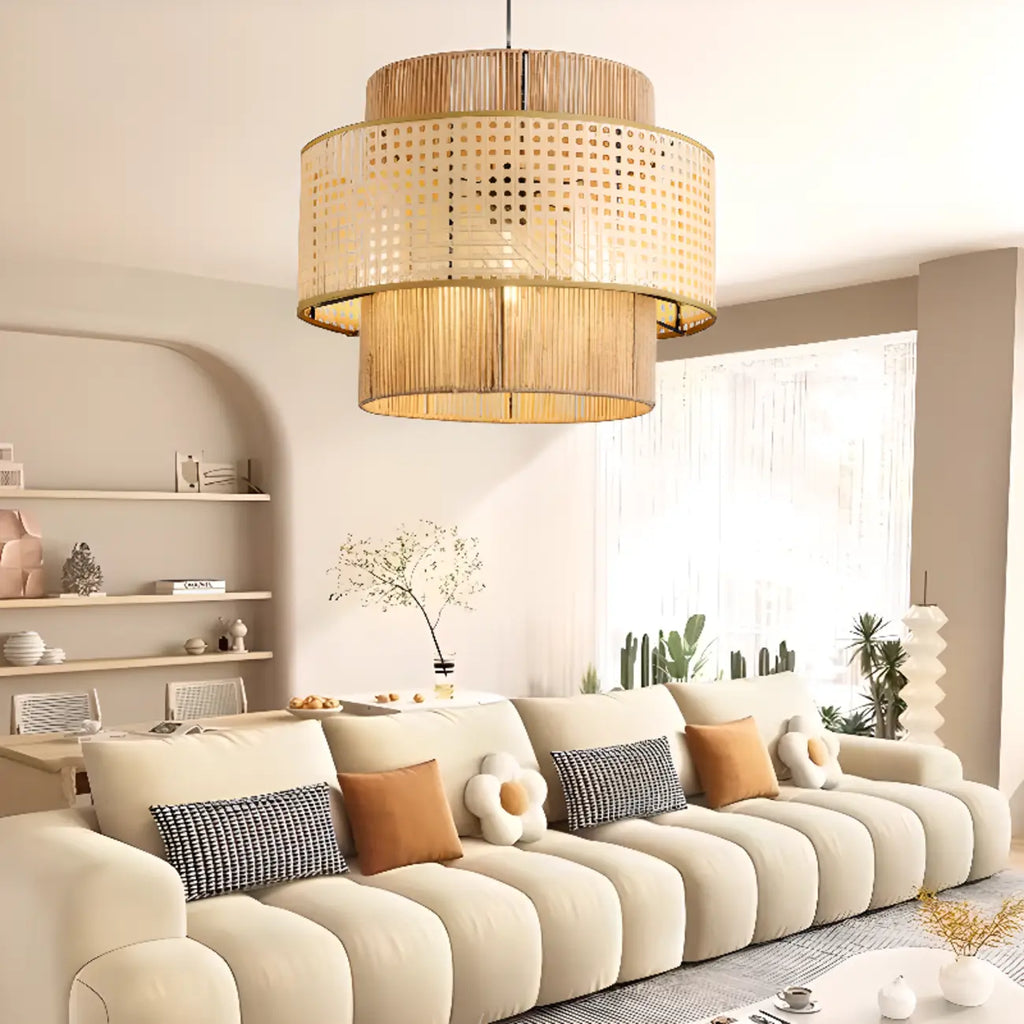 Contemporary Rattan Yellow Cylinder Hanging Pendant Lighting