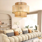 Contemporary Rattan Yellow Cylinder Hanging Pendant Lighting