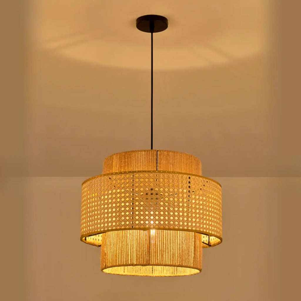 Contemporary Rattan Yellow Cylinder Hanging Pendant Lighting