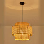 Contemporary Rattan Yellow Cylinder Hanging Pendant Lighting