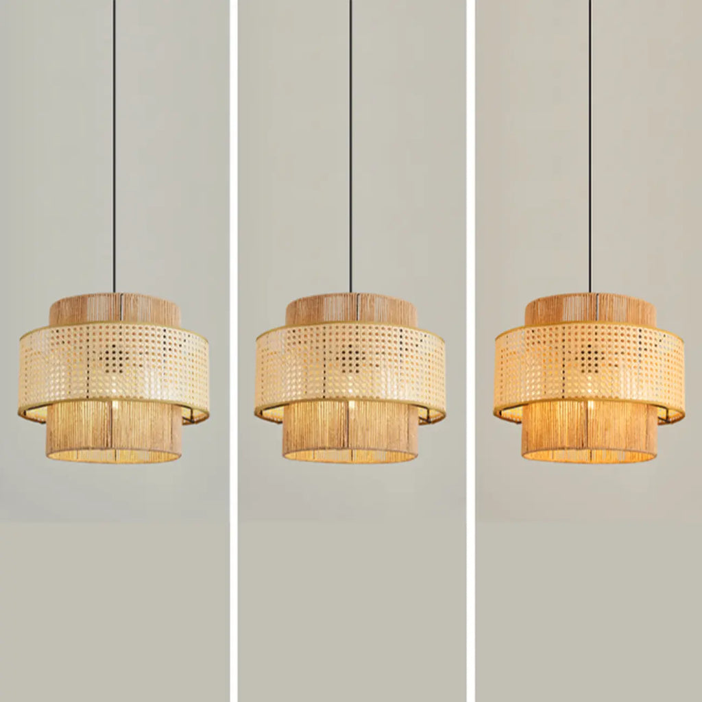 Contemporary Rattan Yellow Cylinder Hanging Pendant Lighting