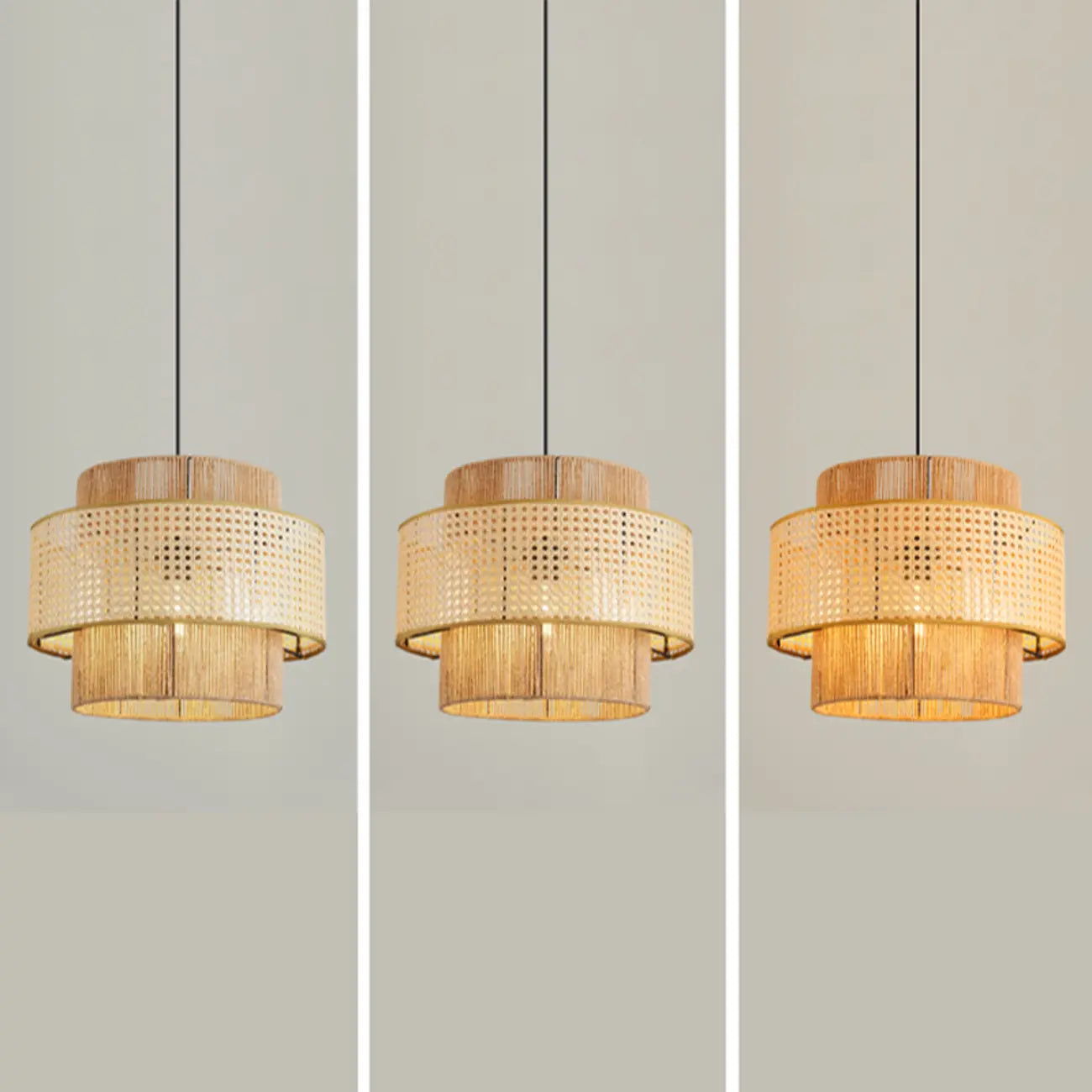 Contemporary Rattan Yellow Cylinder Hanging Pendant Lighting