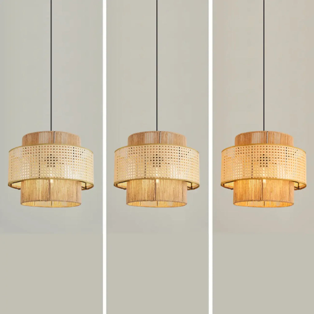 Contemporary Rattan Yellow Cylinder Hanging Pendant Lighting