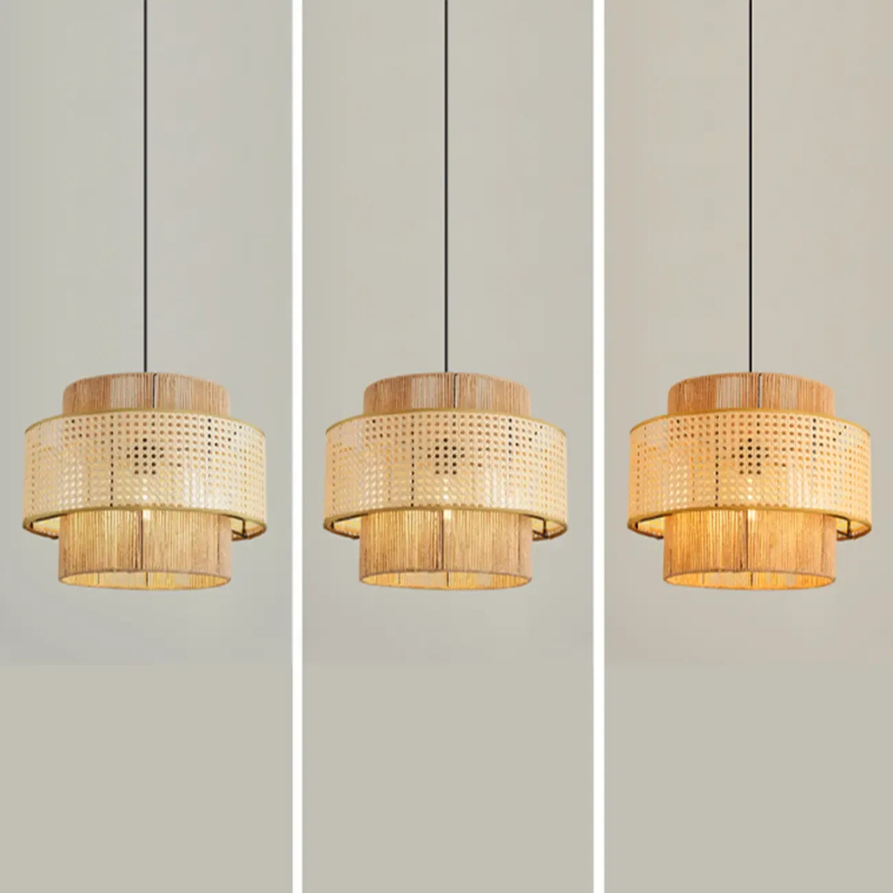 Contemporary Rattan Yellow Cylinder Hanging Pendant Lighting