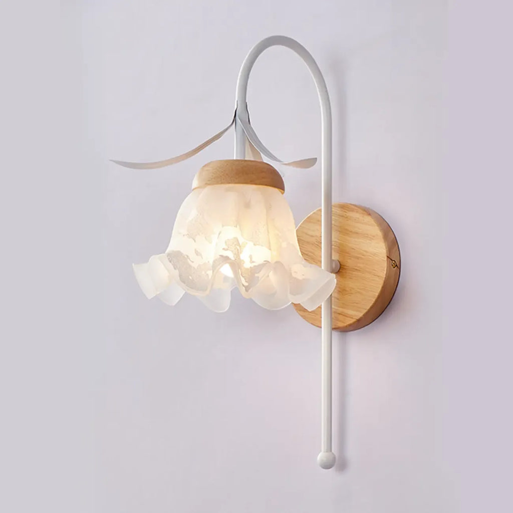 Elegant Floral Wall Sconce with Wooden Backplate for Bedside